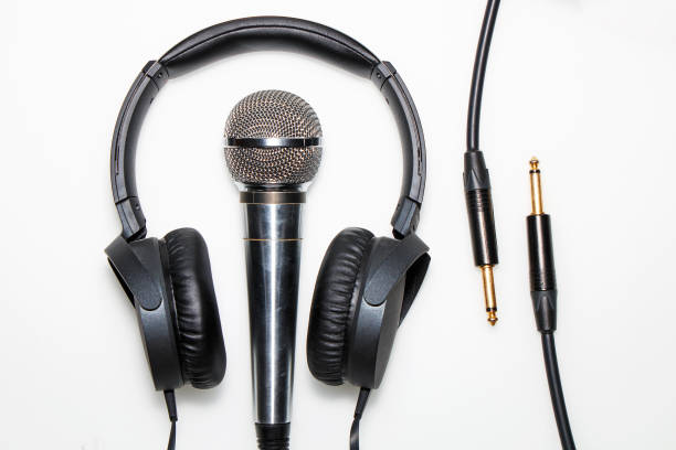 istock Microphone, headphones and cable isolated on white background 955682820
