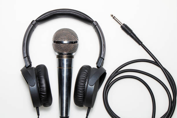 istock Microphone, headphones and cable isolated on white background 955682842