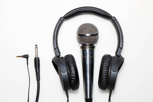 istock Microphone, headphones and cable isolated on white background 955682844