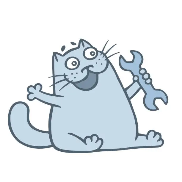 Vector illustration of Cheerful cat sells a wrench. Vector illustration