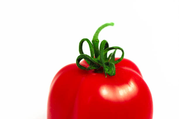 istock Delicious red fresh tomato with green steam, isolated on a white background. 955695934