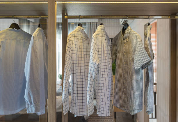 istock clothes hanging on rail in modern wardrobe 955704238