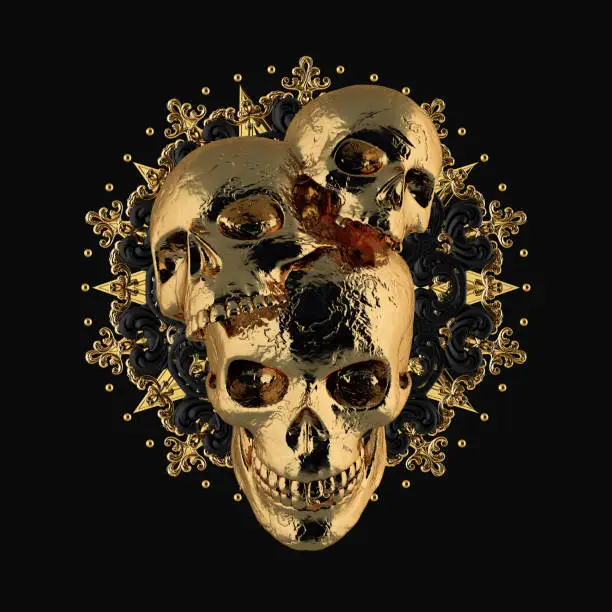 Photo of 3d rendering. The concept of gold skulls on a gold ornament. Isolated black background