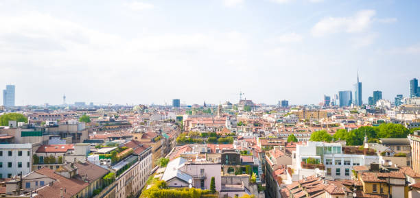 Aerial photo of Milan during a sunny spring day stock photo