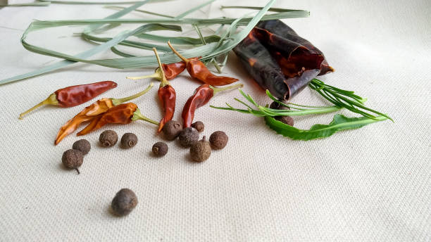 istock Spices on the material, red chilli, pepper, horseradish, lemongrass 955718692