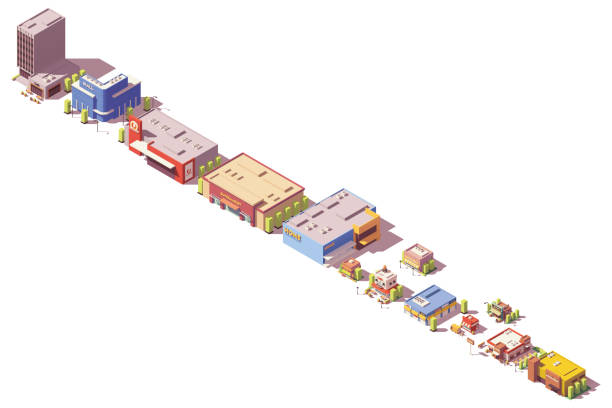 ilustrações de stock, clip art, desenhos animados e ícones de vector low poly isometric stores and restaurants - shopping mall illustrations