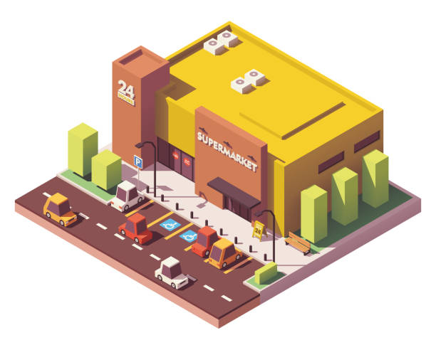 ilustrações de stock, clip art, desenhos animados e ícones de vector isometric low poly supermarket - supermercado 3d