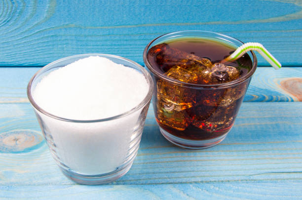 Carbonated drink with ice. The concept of sugar content in sweetened beverages. stock photo