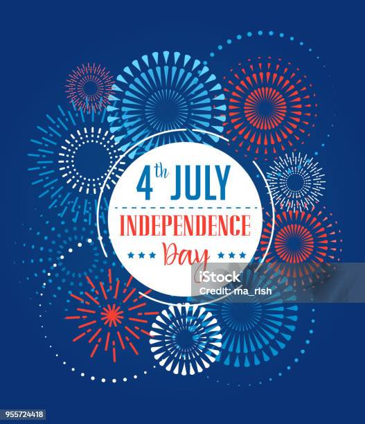 4th Of July American Independence Day Celebration Background With Fireworks Banners Ribbons And Color Splashes Stock Illustration - Download Image Now