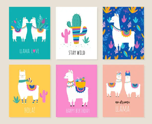 Vector illustration of Llama and alpaca collection of cute hand drawn illustrations, cards and design for nursery design, poster, greeting card