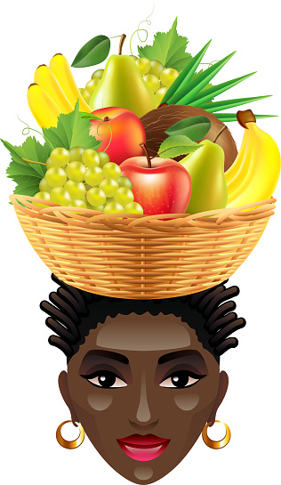 African woman with fruits on her head isolated photo-realistic vector