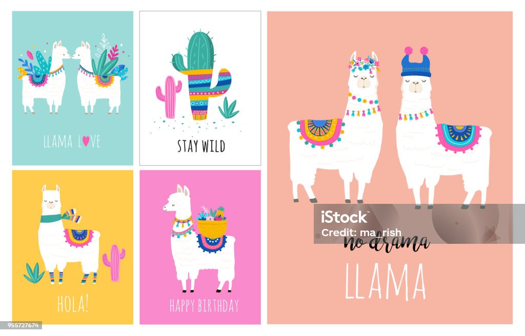 Llama and alpaca collection of cute hand drawn illustrations, cards and design for nursery design Llama and alpaca collection of cute hand drawn illustrations, cards and design for nursery design, poster, greeting card Llama - Animal stock vector