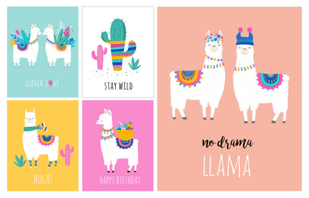 Llama and alpaca collection of cute hand drawn illustrations, cards and design for nursery design Llama and alpaca collection of cute hand drawn illustrations, cards and design for nursery design, poster, greeting card lama stock illustrations