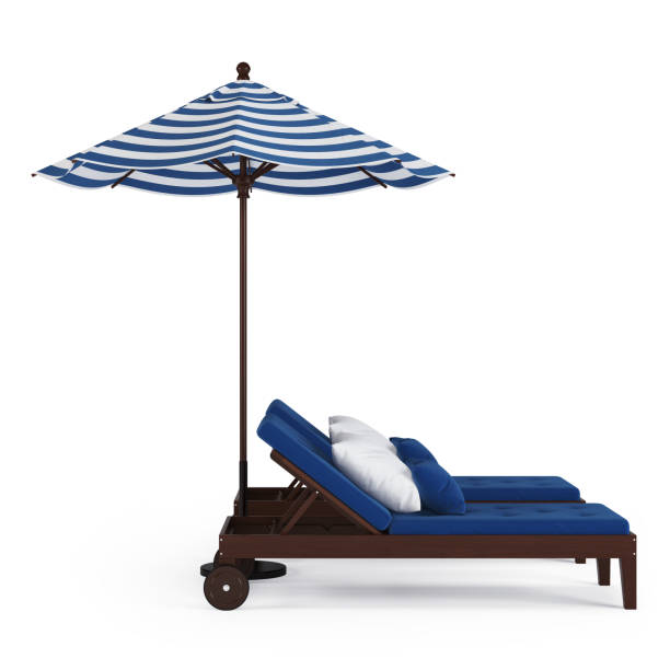 istock Chaise lounge with umbrella on white background. 3D rendering. 955728222