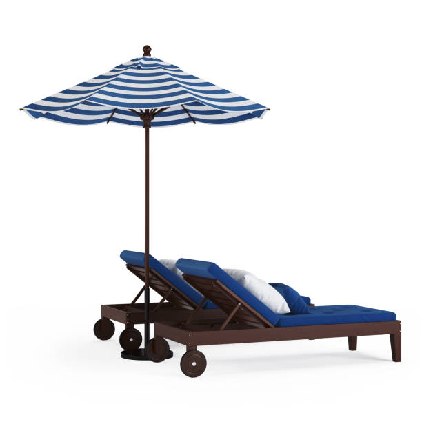 istock Chaise lounge with umbrella on white background. 3D rendering. 955728228