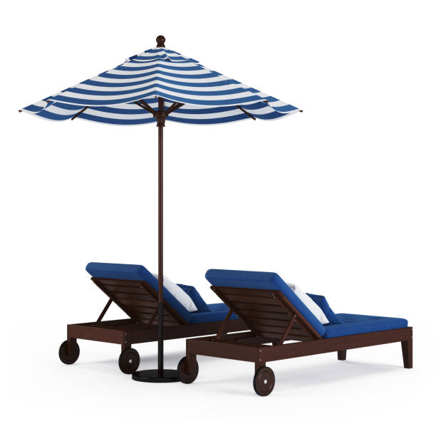 istock Chaise lounge with umbrella on white background. 3D rendering. 955728242