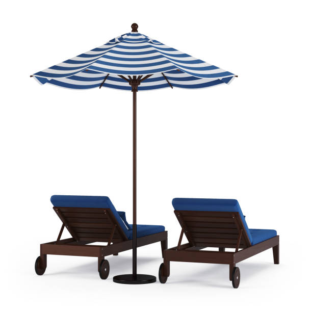 istock Chaise lounge with umbrella on white background. 3D rendering. 955728244