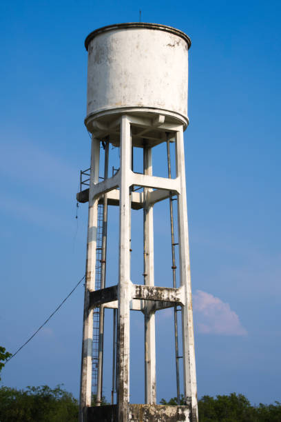 istock A strong white water tower, providing a rural area with fresh water, from high above, yet under an expansive blue sky. 955728566