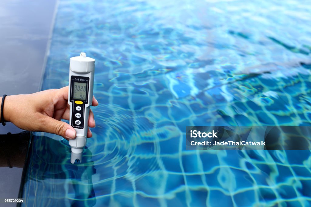 Resort Private pool has weekly check maintenance test, Salt Meter Level Resort Private pool has weekly check maintenance test, Salt Meter Level, to make sure water is clean and can swim Swimming Pool Stock Photo