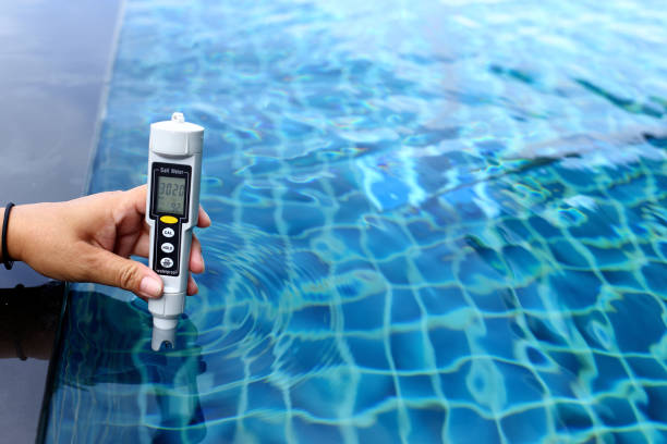 Resort Private pool has weekly check maintenance test, Salt Meter Level Resort Private pool has weekly check maintenance test, Salt Meter Level, to make sure water is clean and can swim chlorine stock pictures, royalty-free photos & images