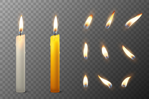 Vector 3d realistic white and orange paraffin or wax burning party candle and different flame of a candle icon set closeup isolated on transparency grid background. Design template, clipart for graphics.