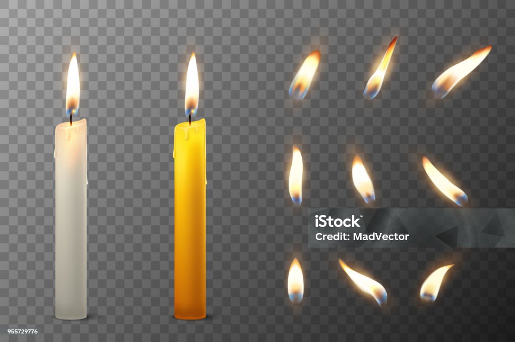 Vector 3d realistic white and orange paraffin or wax burning party candle and different flame of a candle icon set closeup isolated on transparency grid background. Design template, clipart for graphics Vector 3d realistic white and orange paraffin or wax burning party candle and different flame of a candle icon set closeup isolated on transparency grid background. Design template, clipart for graphics. Candle stock vector