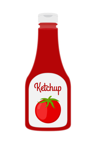 Vector cartoon ketchup bottle. Red tomato sauce, condiment, plastic bottle Vector ketchup bottle in cartoon style. Red tomato sauce, condiment in transparent glass, plastic bottle ketchup stock illustrations
