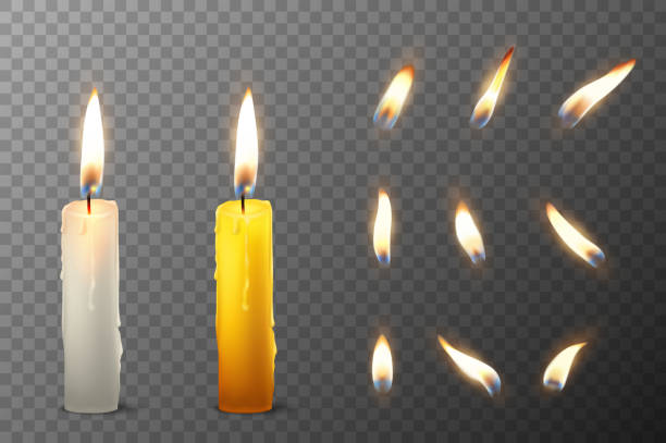 вектор 3d реалистичный белый и оранжевый парафин или воск горения партии свечи и различные пламя свечи значок установить крупным планом изо - paraffin stock illustrations