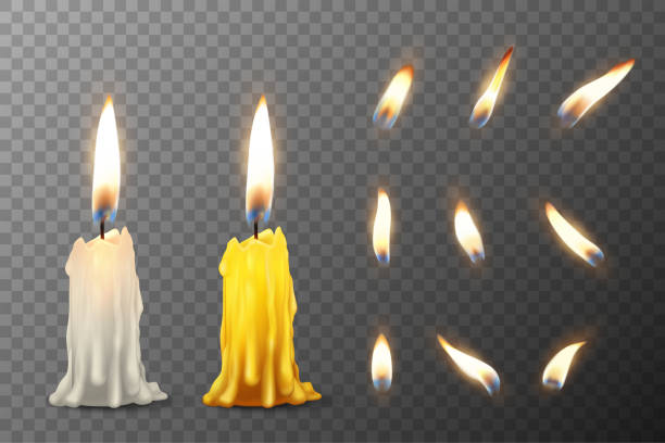 3d 현실 흰색과 오렌지 파라핀 벡터 또는 불타는 파티 초 또는 초 그 루터 기 및 촛불 아이콘 설정된 근접 촬영 투명도 격자 배경에 고립의 다른 불꽃 왁 스. 디자인 서식 파일, 클립 아트 그래픽 - wake stock illustrations
