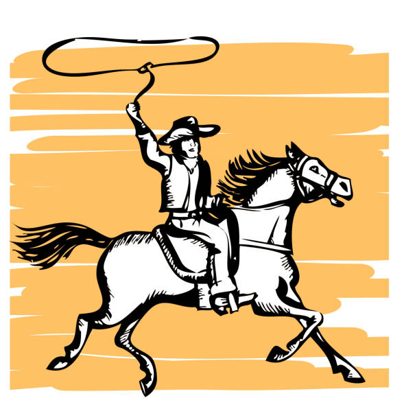 illustrazioni stock, clip art, cartoni animati e icone di tendenza di cowboy a cavallo con grafica lazo.vector - illustration and painting animal cowboy horse