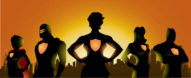 illustrations, cliparts, dessins animés et icônes de vector superhero équipe silhouette avec la femme à la tête et city skyline fond - superhero human muscle men city