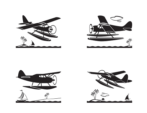 Seaplane in flight over sea - vector illustration
