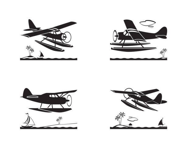 Seaplane in flight over sea Seaplane in flight over sea - vector illustration background of the seaplane stock illustrations