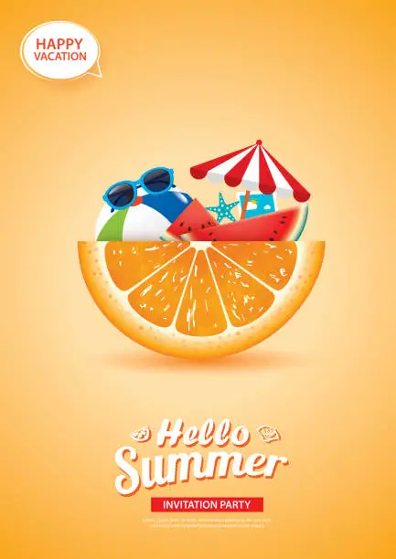 Vector illustration of Hello summer card banner with orange background. Use for poster, flyer, advertising, brochure, invitation, flyer.