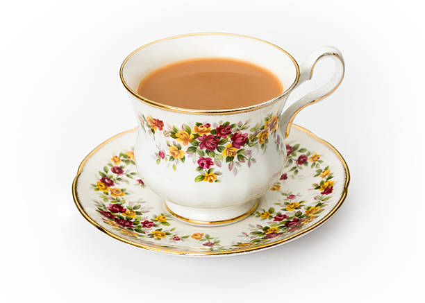 english tea in a bone china cup - 茶碟 個照片及圖片檔