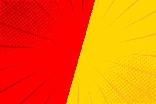 Pop art retro comic. Yellow and red background. Versus lightning blast halftone dots. Cartoon vs. Vector Illustration