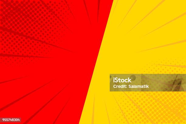 Pop Art Retro Comic Yellow And Red Background Versus Lightning Blast Halftone Dots Cartoon Vs Vector Illustration Stock Illustration - Download Image Now