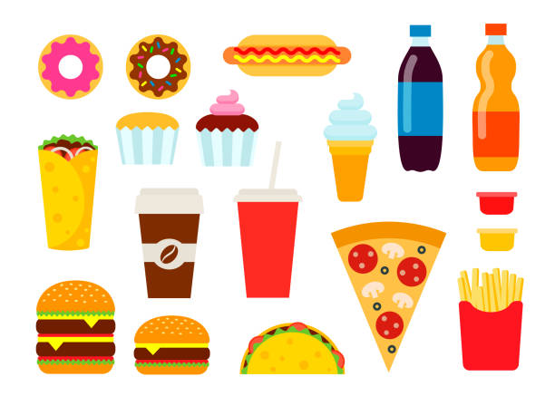 ilustrações de stock, clip art, desenhos animados e ícones de colorful fast food set in flat style. junk food vector icons collection. unhealthy eating illustration. - burger sandwich hamburger eating