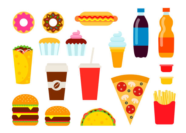 Colorful fast food set in flat style. Junk food vector icons collection. Unhealthy eating illustration. Colorful fast food set in flat style. Junk food vector icons collection. fast food stock illustrations