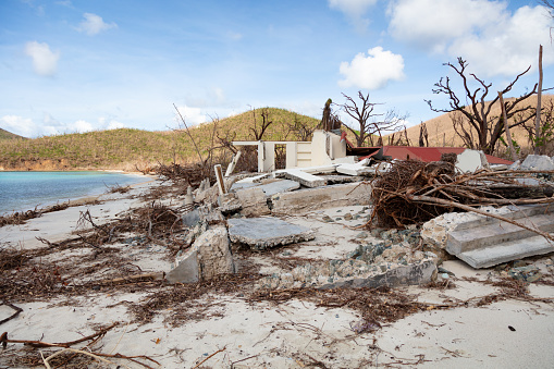 Maho Bay, St John, 3 weeks after hurricanes Irma and Maria, detroyed concrete structures and downed trees