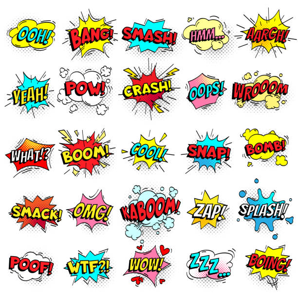 ilustrações de stock, clip art, desenhos animados e ícones de exclamation texting comic signs on speech bubbles. cartoon crash, pow, bomb, wham, oops and cool comic sign vector set - bang