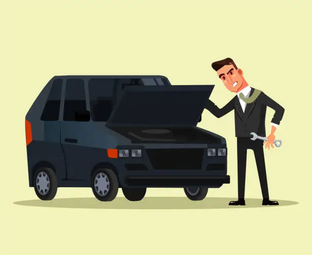 Vector illustration of Angry businessman office worker character trying to fix broken car. Vector flat graphic design cartoon isolated illustration