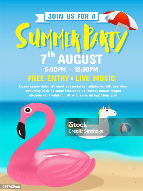 暑期派對請柬海報背景範本設計向量圖形及更多企鵝圖片 - 企鵝, 傘, 傳單
