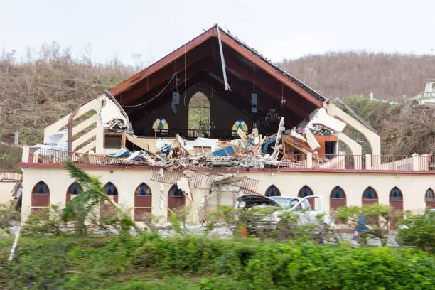 aftermath of Hurricane Irma, Maria destroyed church on St Thomas, us virgin islands