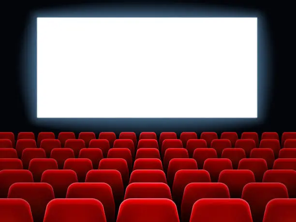 Vector illustration of Movie premiere event at cine theatre. Cinema white blank screen at movie hall interior with empty seats vector background