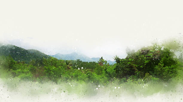 istock Abstract mountain and tree landscape watercolor painting background. 955768444