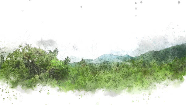 istock Abstract mountain and tree landscape watercolor painting background. 955768502