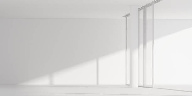istock 3D stimulate of white room interior space and concrete floor with sun light cast rhythm of shadow on the wall,Perspective of minimal design architecture 955768626