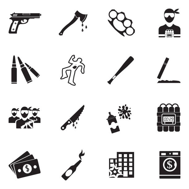 ilustraciones, imágenes clip art, dibujos animados e iconos de stock de iconos del crimen. diseño plano negro. ilustración de vector. - computer icon symbol knife terrorism