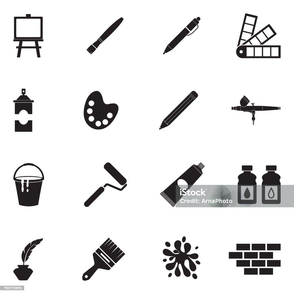Drawing And Painting Icons. Black Flat Design. Vector Illustration. Painting Equipment, Drawing Tools Icon Symbol stock vector